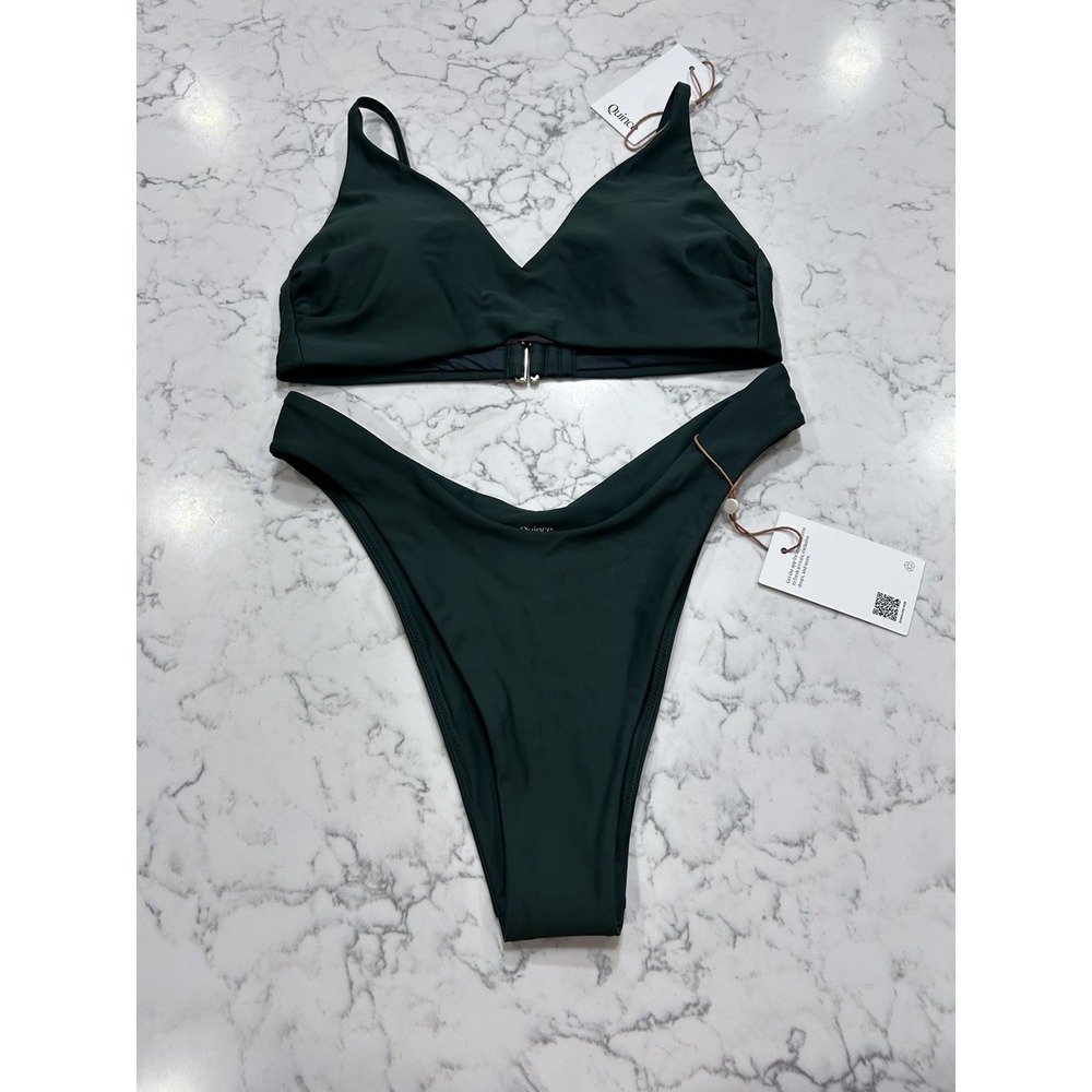 NWT Quince Palm Green Italian V Neck Bikini Top & High Leg Bottom Set Medium